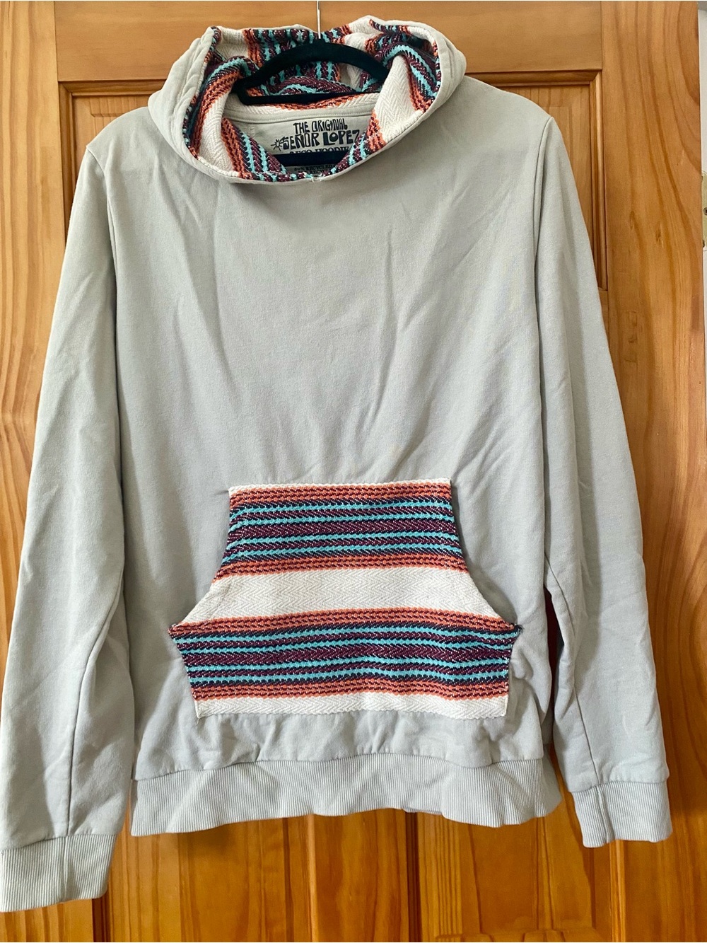 Senor Lopez Baja Hoodie Pullover Gray Mexican Blanket Pocket Surf Skater Large